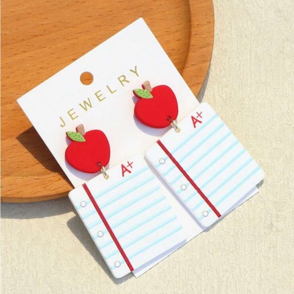 Apple Shaped Book & Notebook Printed Ceramic Texture Acrylic Earrings - Picture 2 of 7